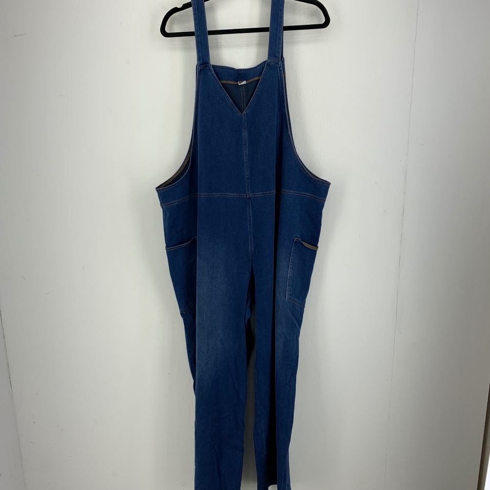 Halara Blue Stretch Denim Wide Leg Overalls Jumpsuit V-Neck 2X Comfort Boho Blue